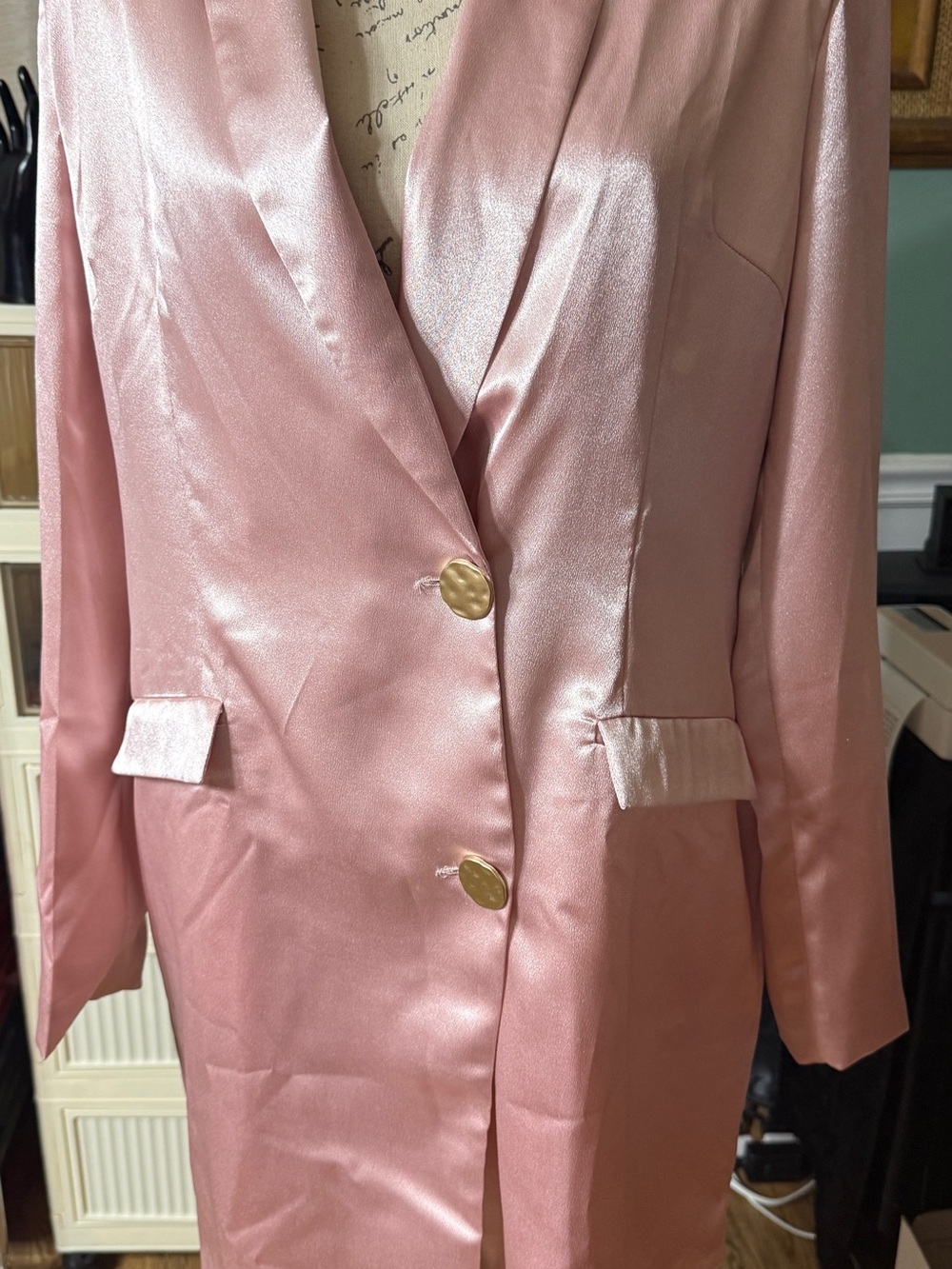 Nique Shimmering Rose Satin Long Blazer with Gold Buttons